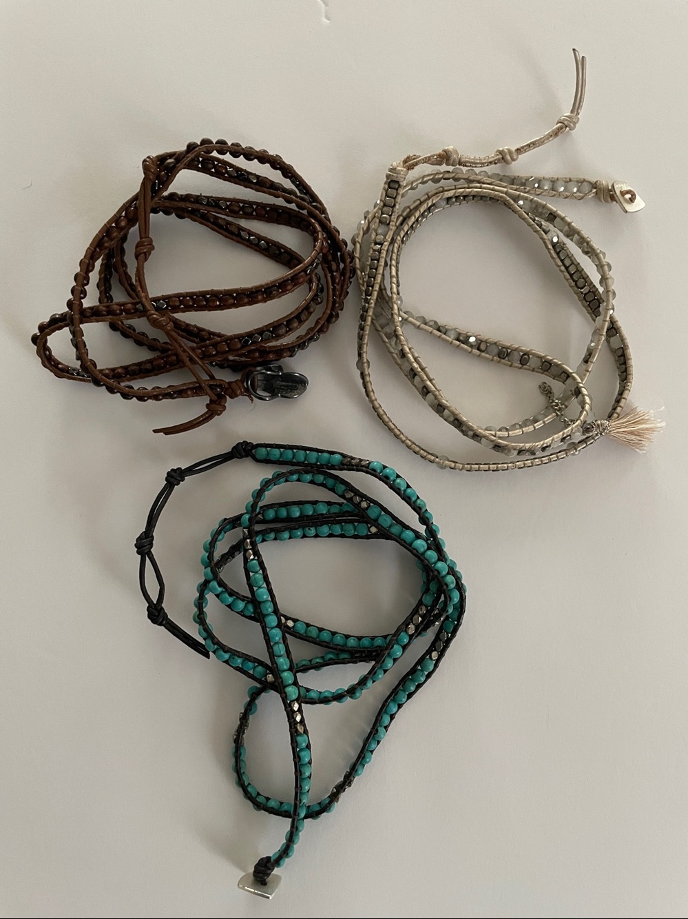 Set 3: Beaded Braided Stone Wrap Bracelets Leather Rope